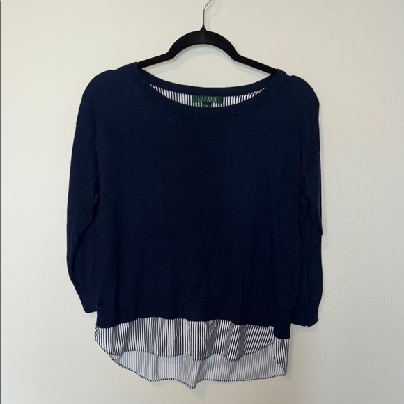 Lauren Ralph Lauren Navy Blue Sweater Stiped Bottom Preppy 3/4 Sleeve Womens Med - Picture 1 of 7